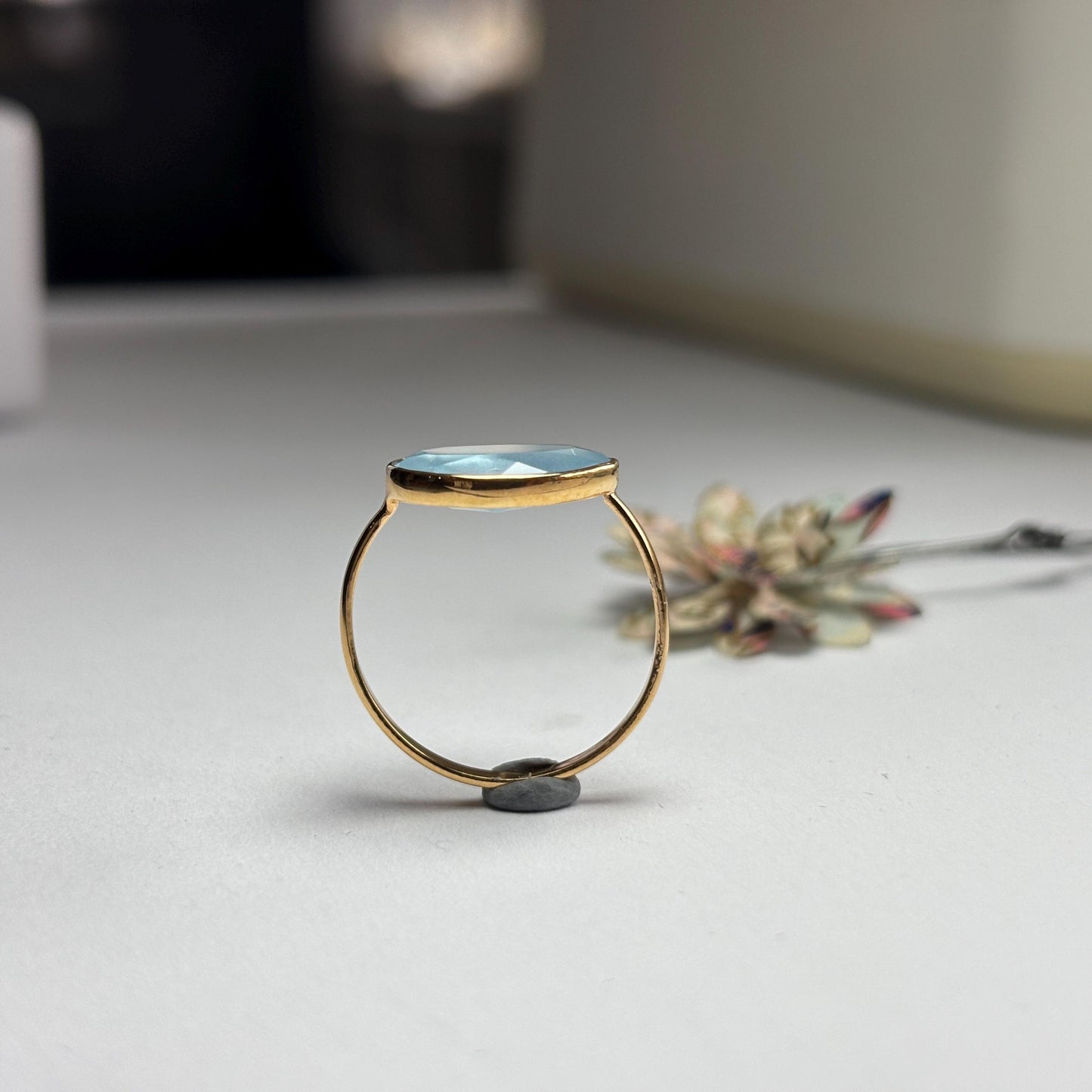 18K Solid Gold Ring with Rose Cut Aquamarine | Handmade Gemstone Statement Ring | Minimalist Blue Gem Ring | Gold Ring Gift for Her