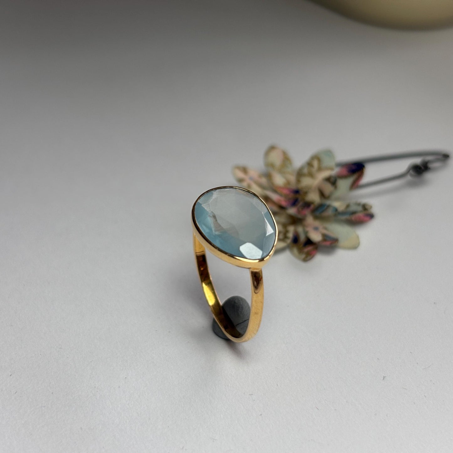 18K Solid Gold Ring with Rose Cut Aquamarine | Handmade Gemstone Statement Ring | Minimalist Blue Gem Ring | Gold Ring Gift for Her