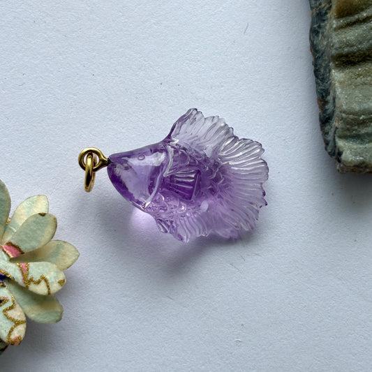 Delicate Amethyst Carved Fish Pendant, Handmade in Sterling & Solid Gold Jewelery, Natural Amethyst Jewelery, February Birthstone