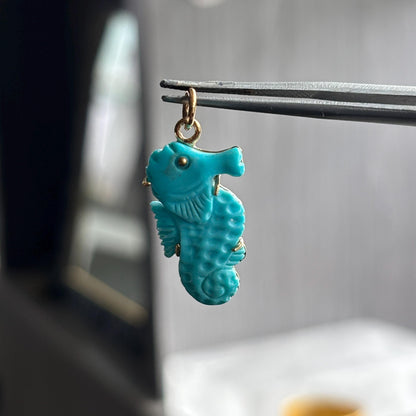 Seahorse Charm Hand Carved in Natural Arizona Turquoise | Sterling Silver & Solid Gold Bail Loop | Ocean-Inspired Pendant