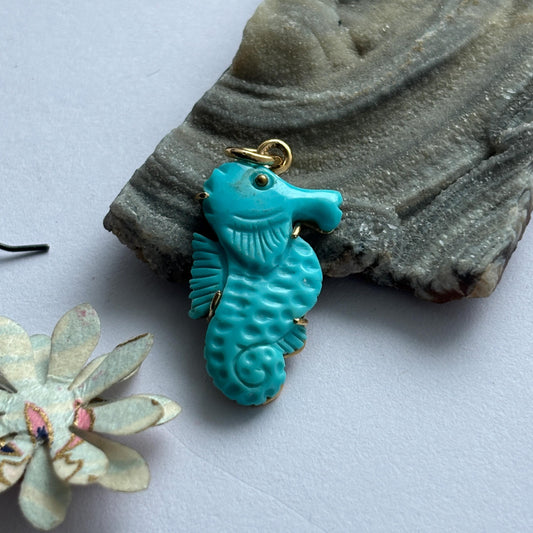 Seahorse Charm Hand Carved in Natural Arizona Turquoise | Sterling Silver & Solid Gold Bail Loop | Ocean-Inspired Pendant