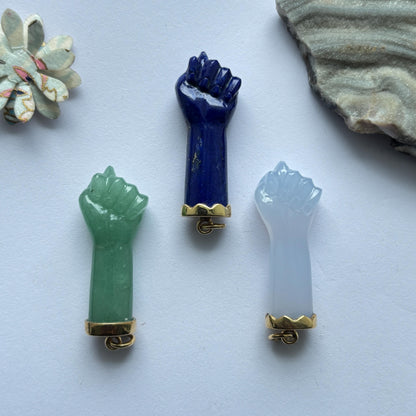 Hand carved Figa Hand Charm Pendant set in 14K Solid Gold in Lapis,Chalcedony and Aventurine