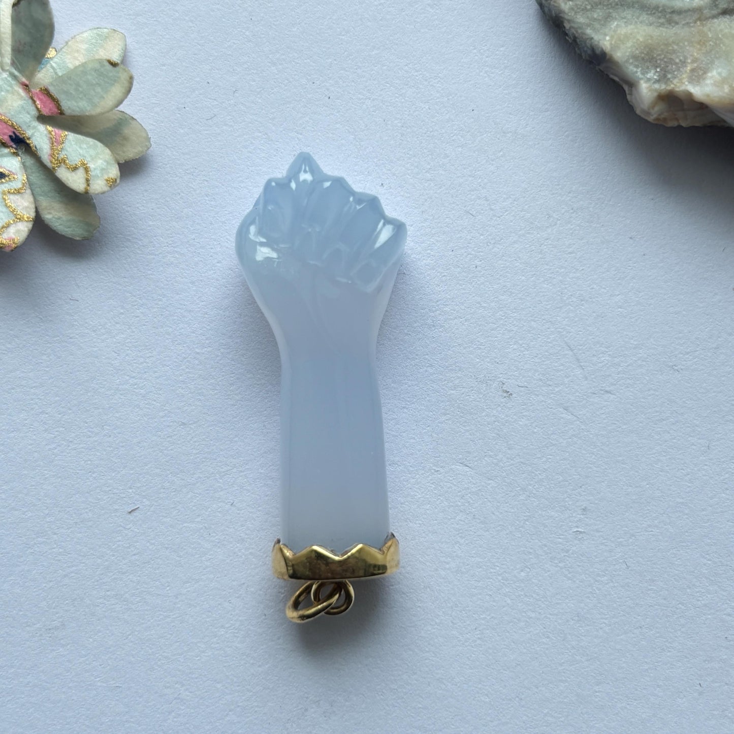 Hand carved Figa Hand Charm Pendant set in 14K Solid Gold in Lapis,Chalcedony and Aventurine