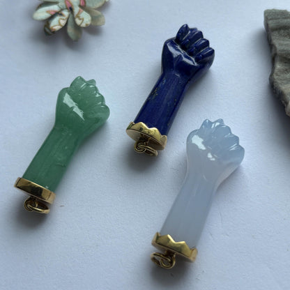 Hand carved Figa Hand Charm Pendant set in 14K Solid Gold in Lapis,Chalcedony and Aventurine