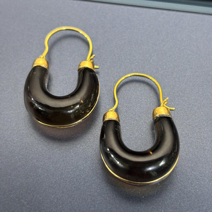 Handcarved Smokey Quartz Hoop Earrings | 18K Solid Gold Setting | Natural Crystal Hoops | Minimalist Gemstone Jewelry