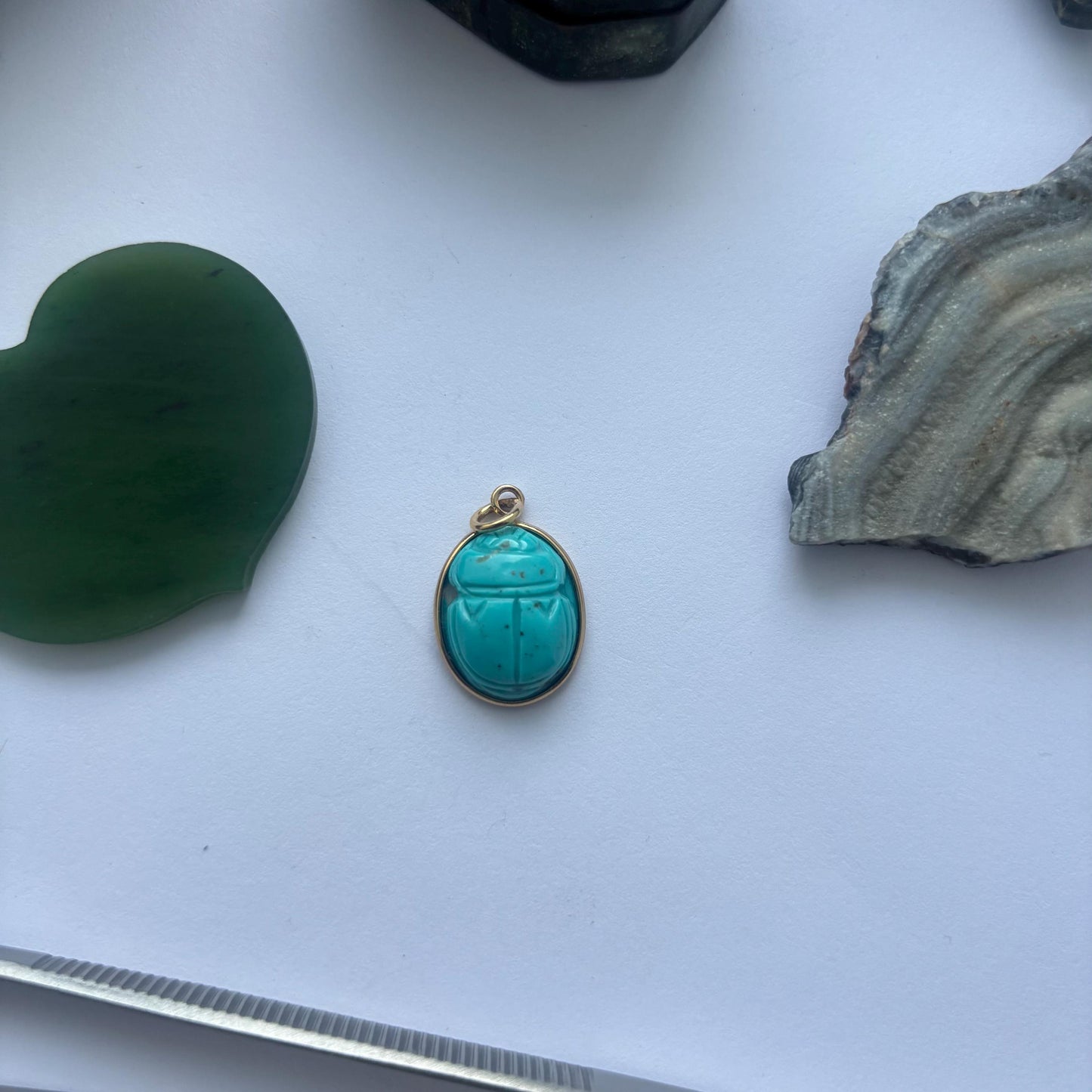 Scarab Pendant Handcarved in Natural Arizona Turquoise | Silver & Gold Setting | Egyptian Revival Amulet Necklace | Turquoise Scarab Jewelry