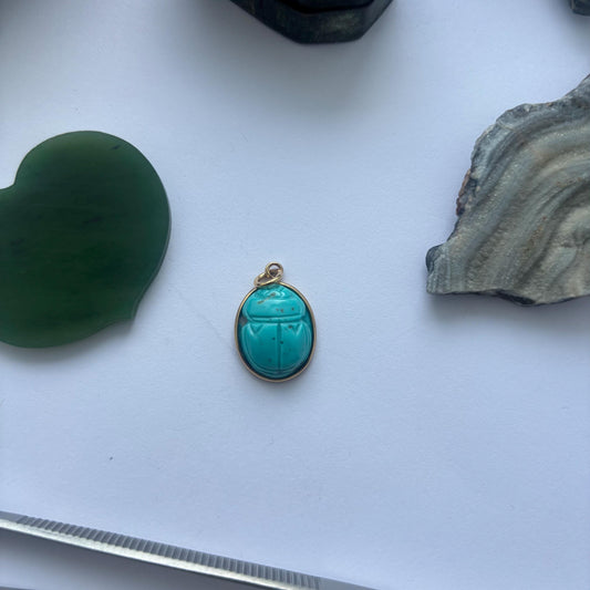 Scarab Pendant Handcarved in Natural Arizona Turquoise | Silver & Gold Setting | Egyptian Revival Amulet Necklace | Turquoise Scarab Jewelry