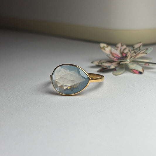 18K Solid Gold Ring with Rose Cut Aquamarine | Handmade Gemstone Statement Ring | Minimalist Blue Gem Ring |  Gold Ring Gift for Her