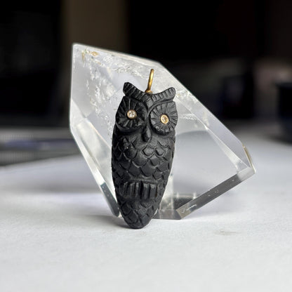 Black Onyx Owl Pendant in Solid Gold & Silver with Diamond Eyes – Handcarved Owl Charm – Fine Gemstone Animal Jewelry – Gold Owl Necklace