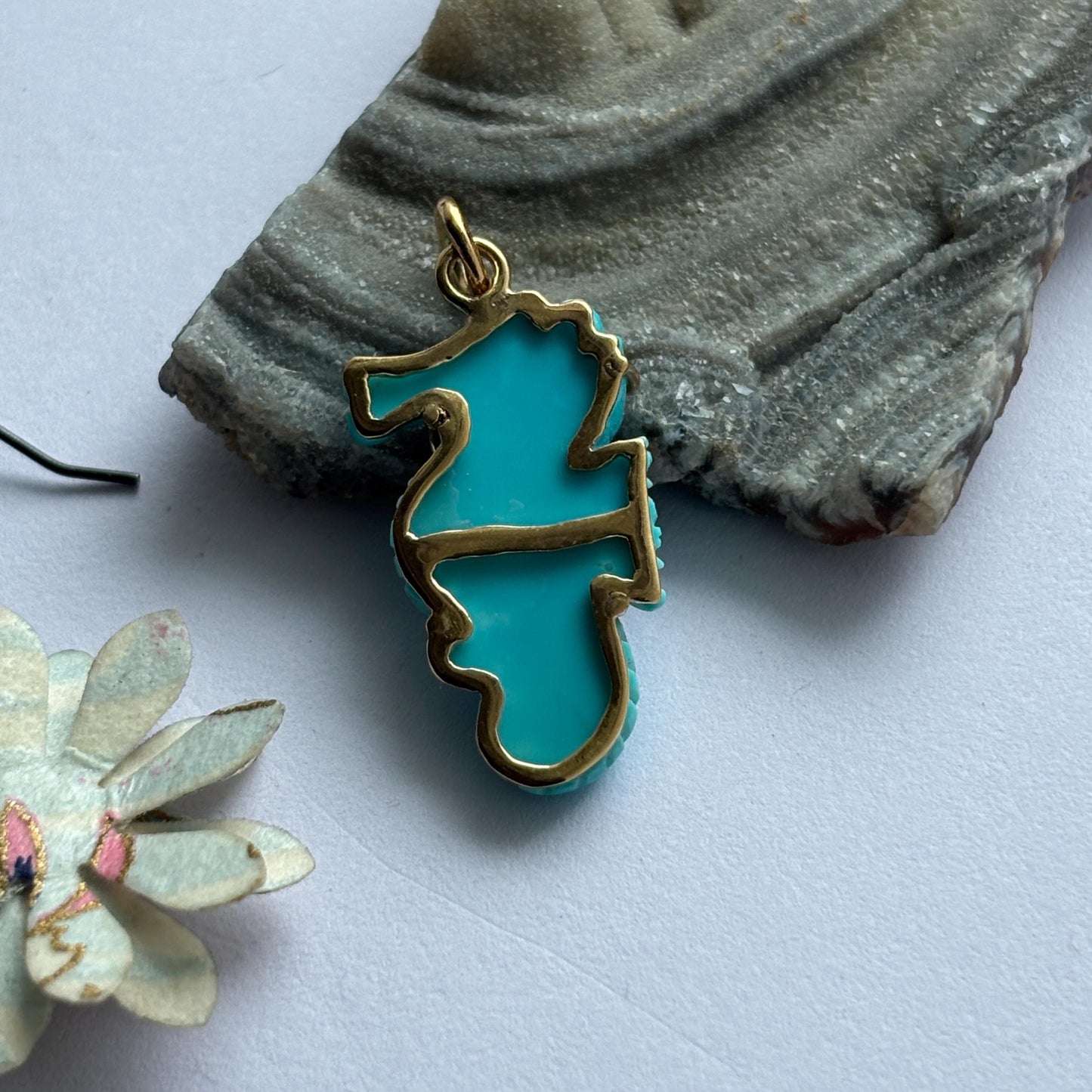 Seahorse Charm Hand Carved in Natural Arizona Turquoise | Sterling Silver & Solid Gold Bail Loop | Ocean-Inspired Pendant