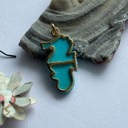 Seahorse Charm Hand Carved in Natural Arizona Turquoise | Sterling Silver & Solid Gold Bail Loop | Ocean-Inspired Pendant