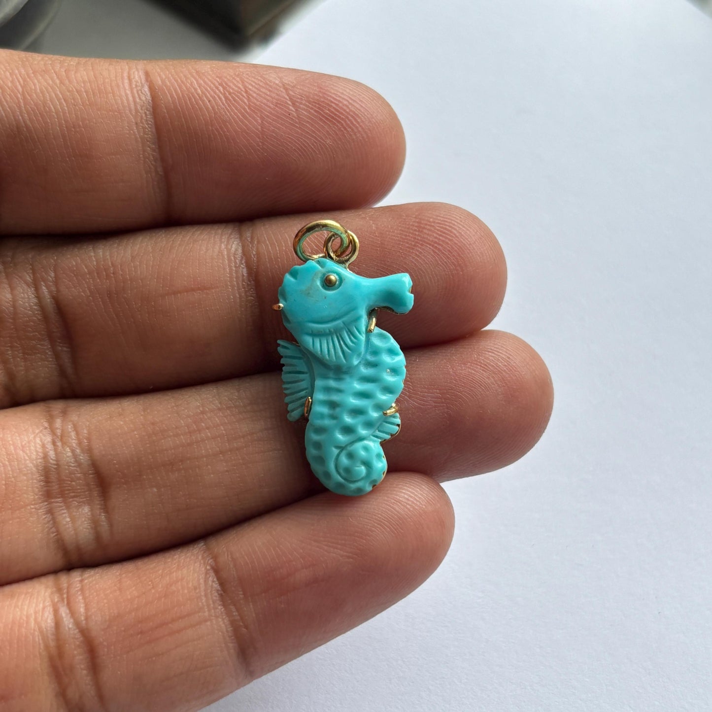 Seahorse Charm Hand Carved in Natural Arizona Turquoise | Sterling Silver & Solid Gold Bail Loop | Ocean-Inspired Pendant