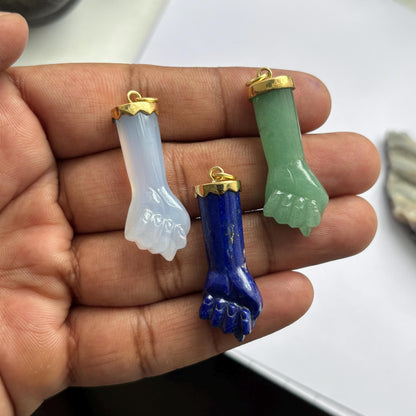 Hand carved Figa Hand Charm Pendant set in 14K Solid Gold in Lapis,Chalcedony and Aventurine