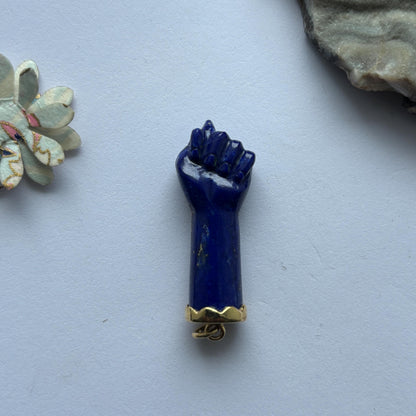 Hand carved Figa Hand Charm Pendant set in 14K Solid Gold in Lapis,Chalcedony and Aventurine