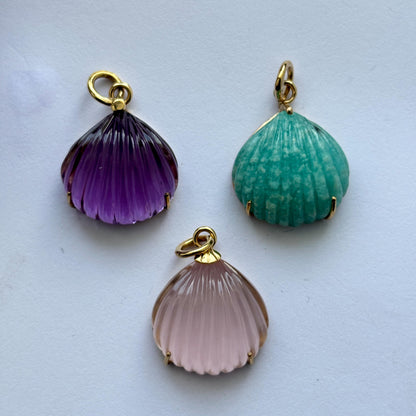 Hand Carved Shell Pendant in Natural Amethyst, Rose quartz, Amazonite 14k Solid Gold Jewellery, Handcut In Premium Quality Gemstones