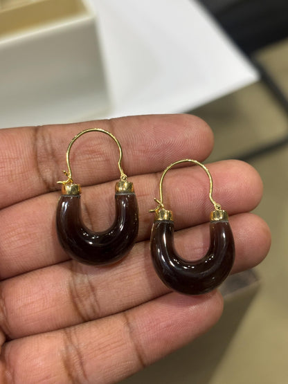 Handcarved Smokey Quartz Hoop Earrings | 18K Solid Gold Setting | Natural Crystal Hoops | Minimalist Gemstone Jewelry