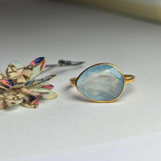 18K Solid Gold Ring with Rose Cut Aquamarine | Handmade Gemstone Statement Ring | Minimalist Blue Gem Ring |  Gold Ring Gift for Her
