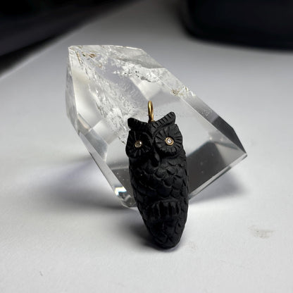 Black Onyx Owl Pendant in Solid Gold & Silver with Diamond Eyes – Handcarved Owl Charm – Fine Gemstone Animal Jewelry – Gold Owl Necklace