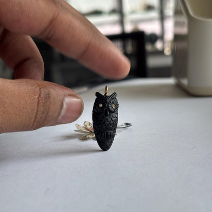 Black Onyx Owl Pendant in Solid Gold & Silver with Diamond Eyes – Handcarved Owl Charm – Fine Gemstone Animal Jewelry – Gold Owl Necklace