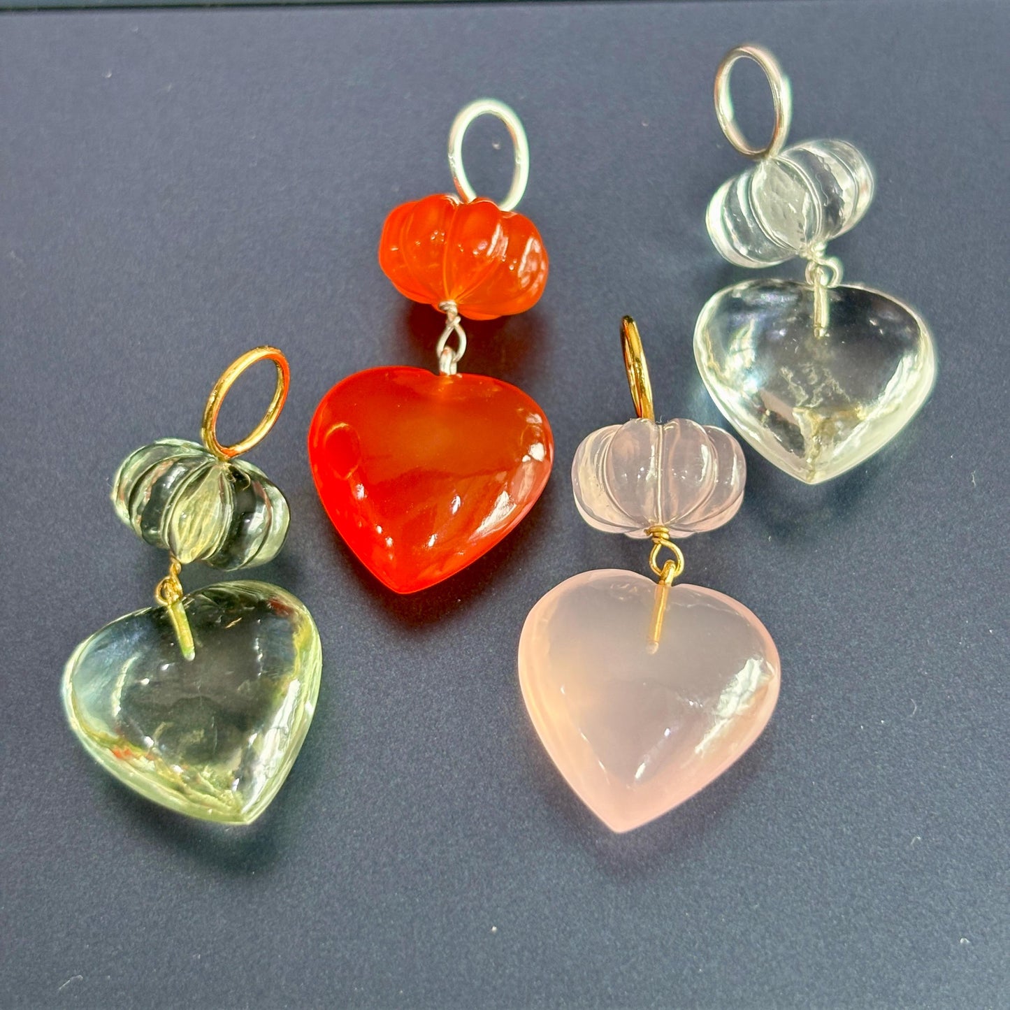 Handcarved Gemstone Pendant | Natural Melon Bead & Heart Charm | Unique Gemstone Necklace | Healing Crystal Jewelry Gift for Her